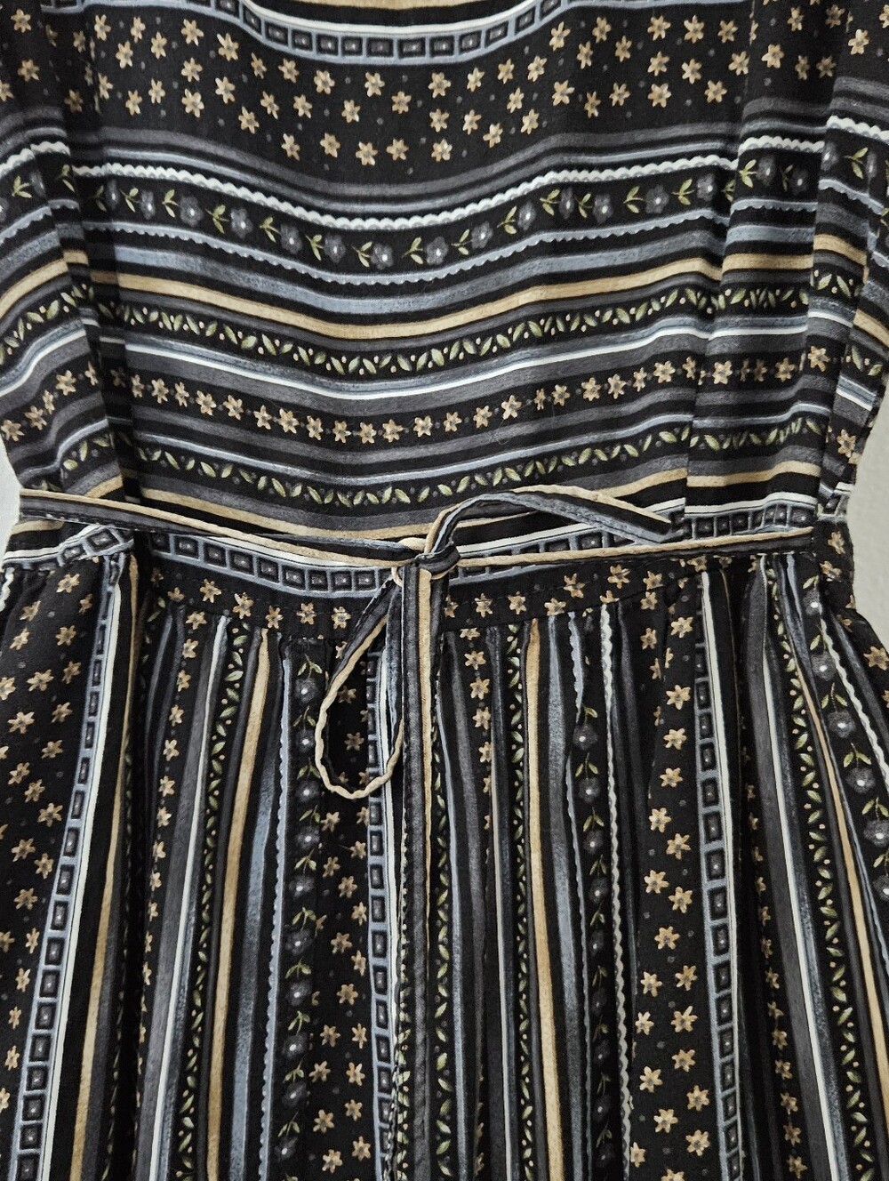 vtg stripe floral black cottage midi dress 90s y2k grunge boho indie urban - Picture 6 of 8